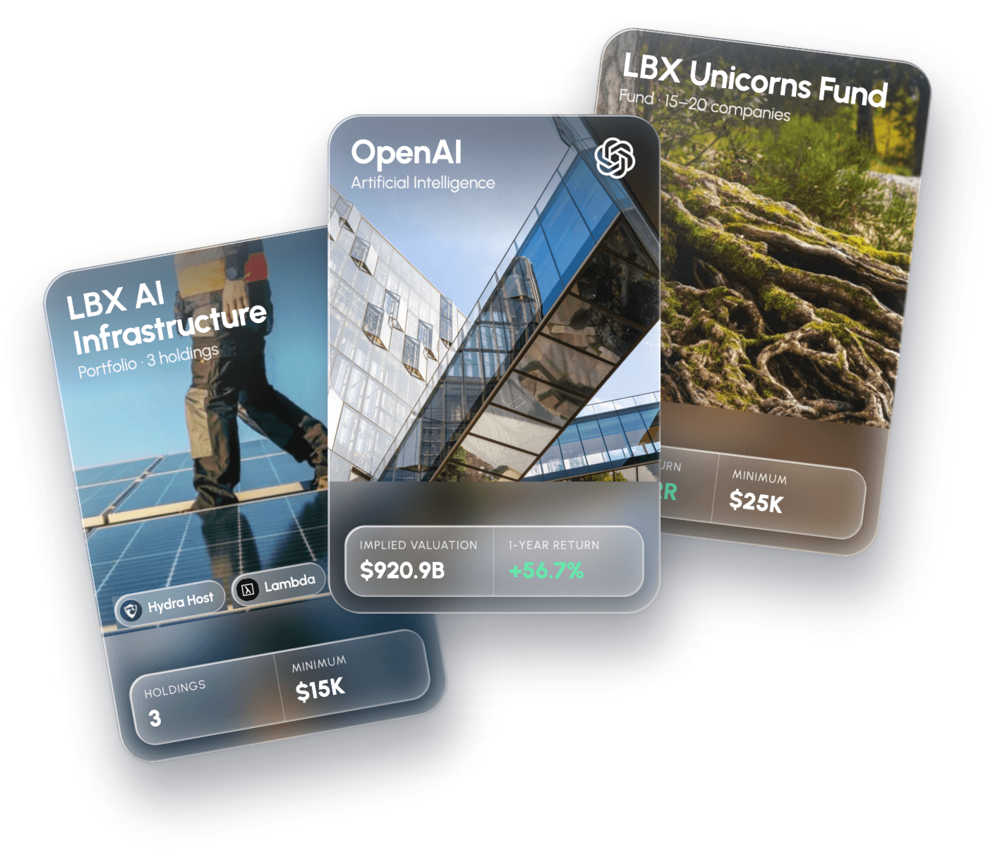 LBX Pro strategy cards: the LBX AI Infrastructure portfolio, OpenAI and the LBX Unicorns Fund