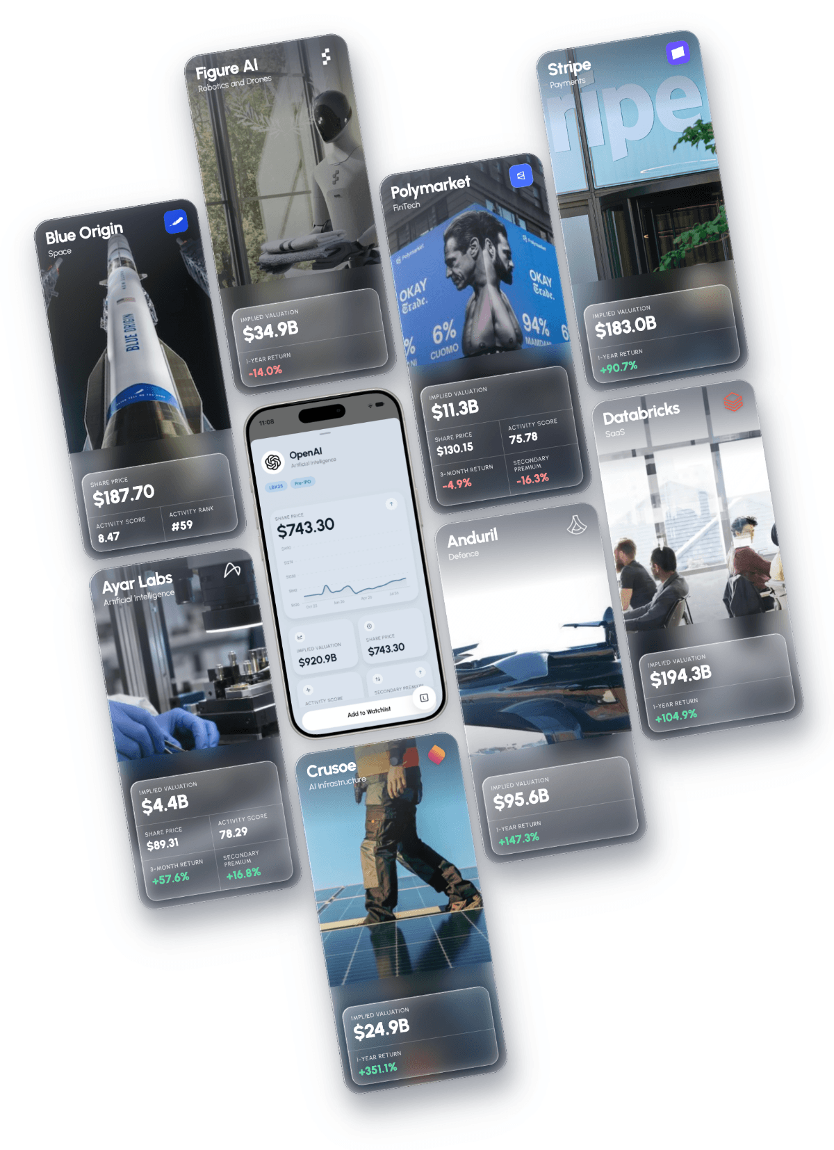 LBX Pro company cards around the app: Blue Origin, Figure AI, Polymarket, Stripe, Ayar Labs, OpenAI, Anduril, Databricks and Crusoe